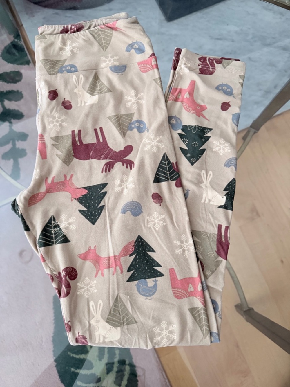 LuLaRoe Beige Leggings with Pink, Green, Blue & White Winter Animal Xmas Print